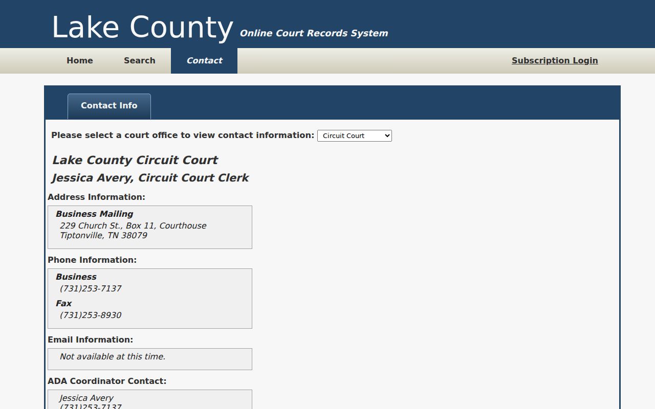 Lake County court-office selector and clerk contact information