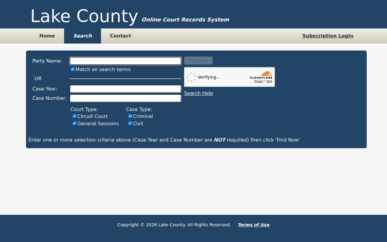 Lake County TnCIS search form with party name, case, court, and case-type fields