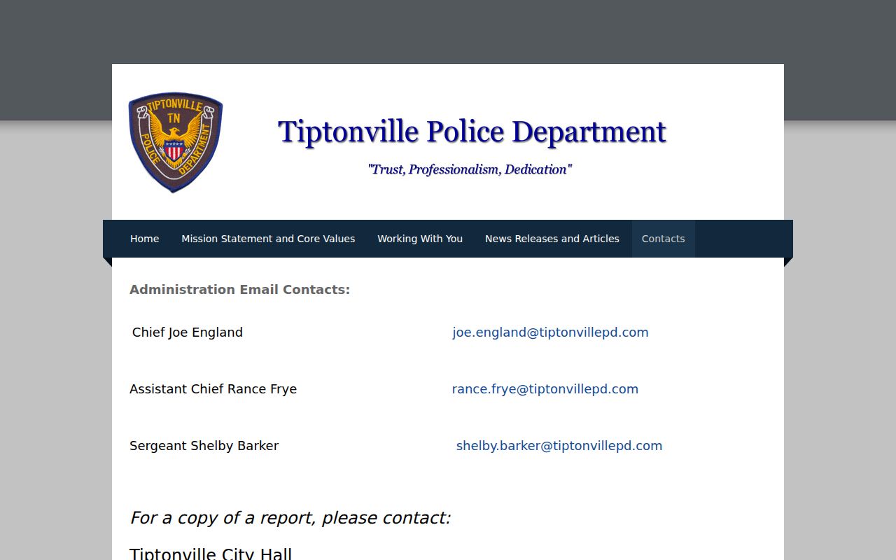 Tiptonville City Hall contact routing for police reports and dispatch