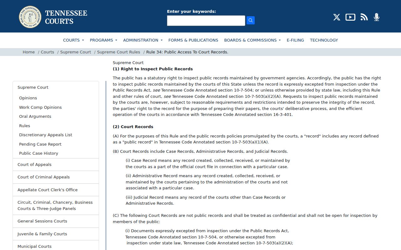 Tennessee court public-access rule page with sealed-record guidance