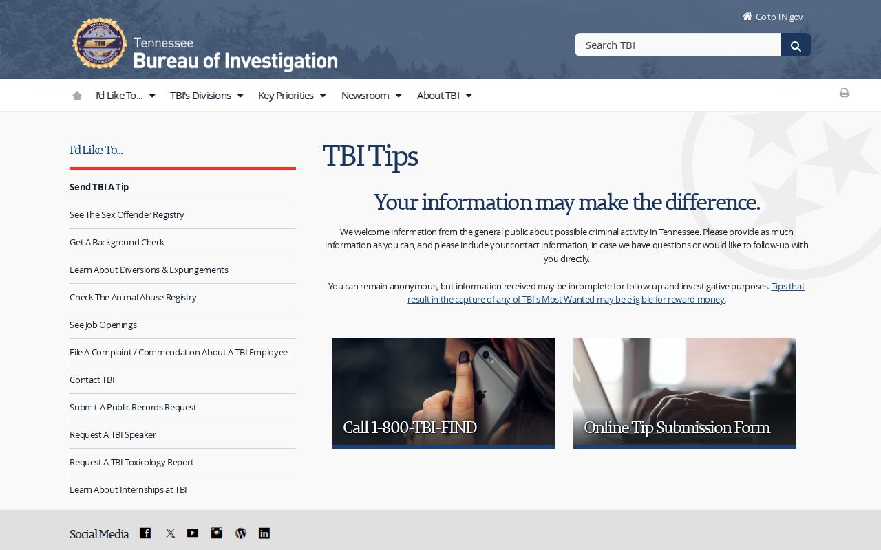 TBI tip contact information and official instructions