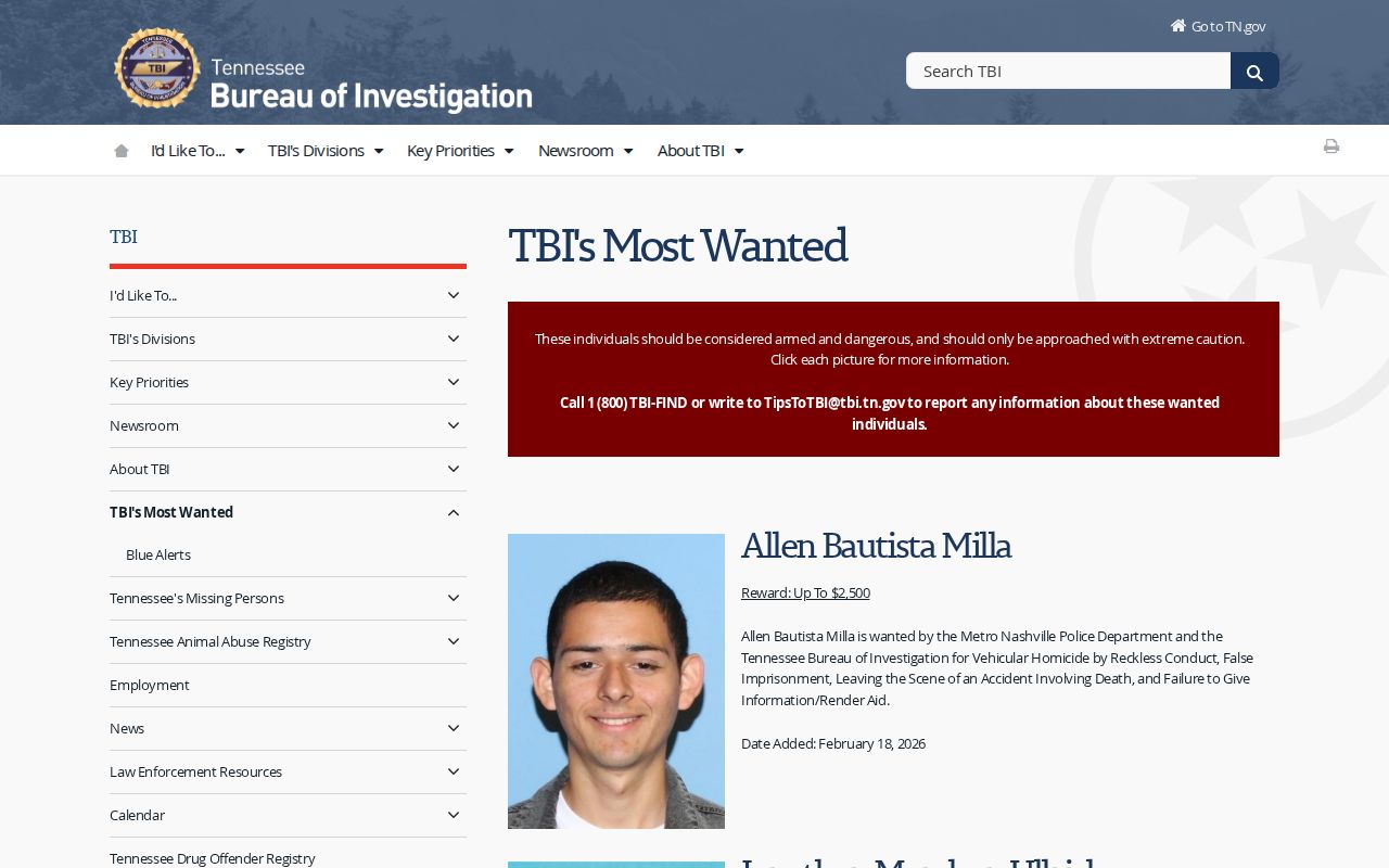 TBI Top Ten Most Wanted program page layout without reproducing listed names